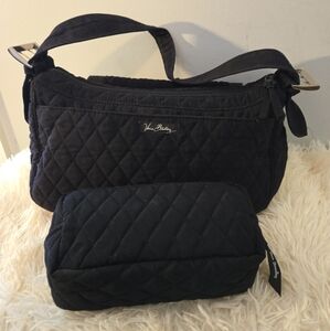 Vera Bradley Classic Black Quilted Microfiber Handbag +MakeUp Bag Included